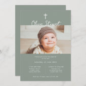 ミニマリストのセージ緑の写真バプテスマ《キリスト教》洗礼式や命名式 招待状 (正面/裏面)