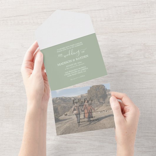 ミニマリストのセージ緑結婚の緑 オールインワン招待状 (貼ってはがせる)