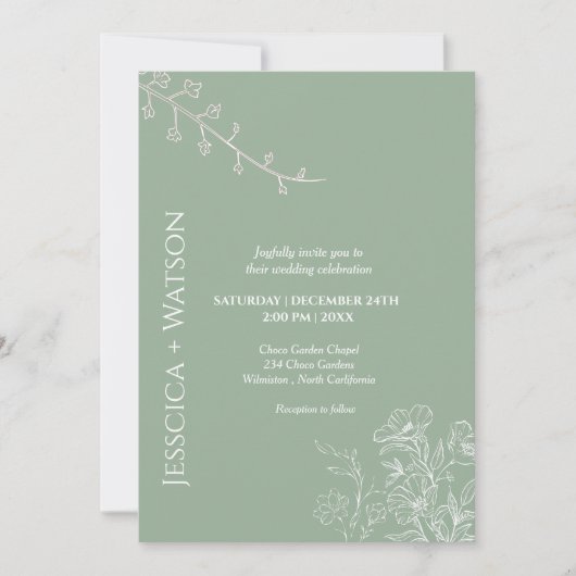ミニマリストのセージ・グリーンとエメラルド結婚フローラ 招待状 (正面)