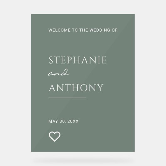 ミニマリストのセージ・グリーンモダンとハート結婚の アクリルサイン (正面)