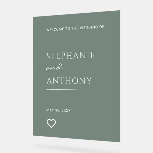 ミニマリストのセージ・グリーンモダンとハート結婚の アクリルサイン (傾斜)