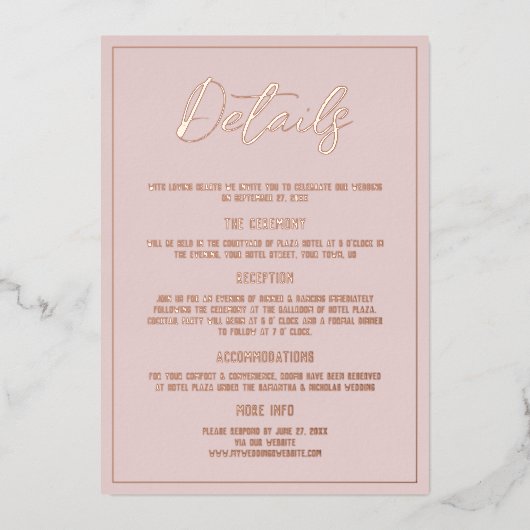 ミニマリストのダスティピンク実在詳細金ゴールド結婚ズ 箔招待状 (正面)