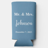 ミニマリストのダスティブルーとホワイト結婚ズ スリム缶クーラー (裏面)