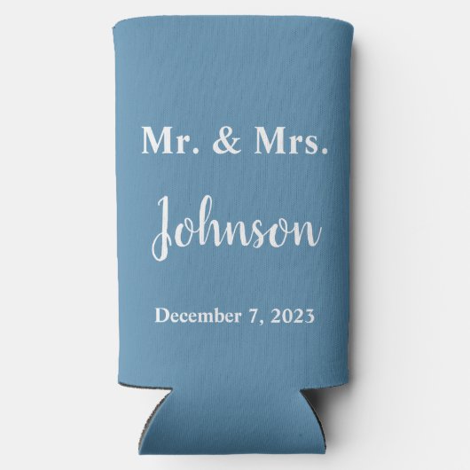 ミニマリストのダスティブルーとホワイト結婚ズ スリム缶クーラー (裏面)