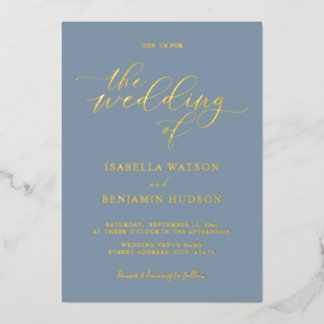 ミニマリストのダスティブルー金ゴールド書結婚道 箔招待状