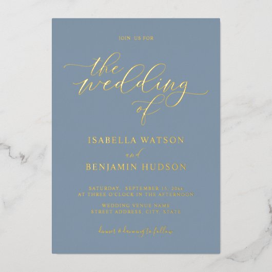 ミニマリストのダスティブルー金ゴールド書結婚道 箔招待状 (正面)