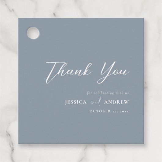 ミニマリストのダスティブルー&ホワイトシンプル・結婚 フェイバータグ (正面)