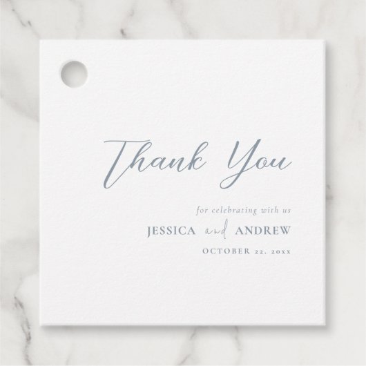 ミニマリストのダスティブルー&ホワイトシンプル・結婚 フェイバータグ (正面)