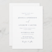 ミニマリストのダスティブルー&ホワイトシンプル・結婚 招待状 (正面/裏面)