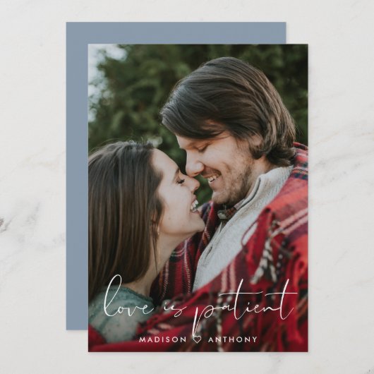 ミニマリストのダスティ結婚ブルーの延期の写真 案内状 (正面/裏面)