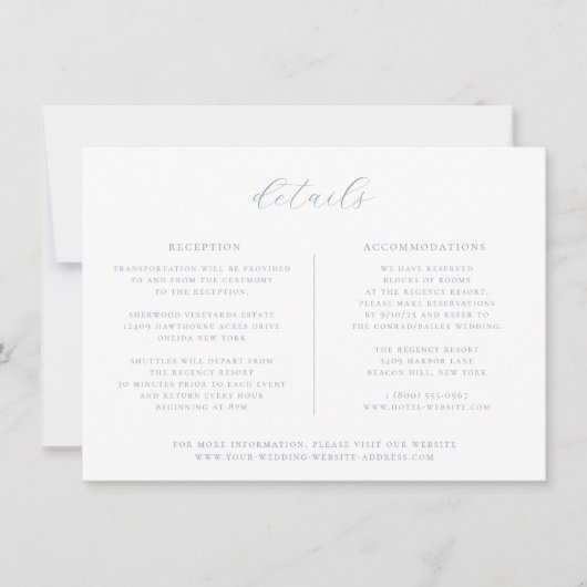 ミニマリストのダスティ結婚ブルーの詳細カード 招待状 (正面)