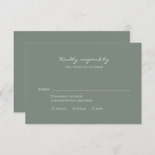 ミニマリストのダークセージ緑のスクリプトの食事の選択 出欠カード (正面/裏面)