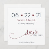 ミニマリストのダークネイビー&ブルゴーニュ日付を保存 招待状 (正面/裏面)