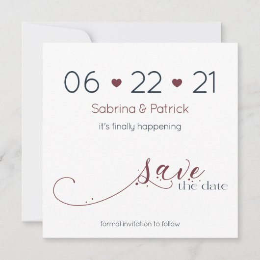 ミニマリストのダークネイビー&ブルゴーニュ日付を保存 招待状 (正面)