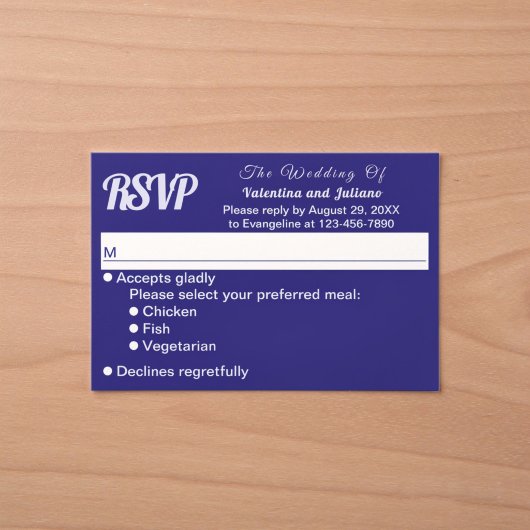 ミニマリストのダークブルー結婚式RSVP 出欠カード