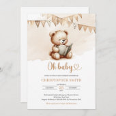 ミニマリストのテディ読ベアの本の束のフラグ 招待状 (正面/裏面)