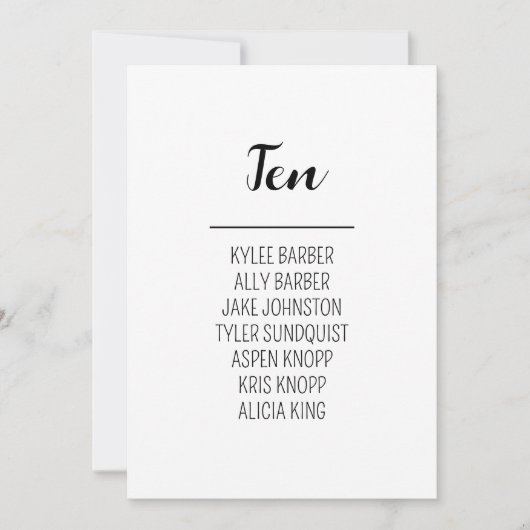 ミニマリストのテーブル番号10座席表 招待状 (正面)