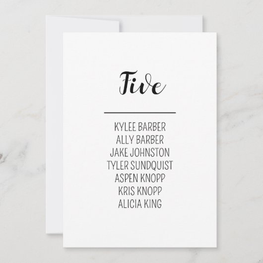 ミニマリストのテーブル番号5座席表 招待状 (正面)