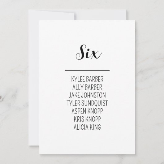 ミニマリストのテーブル番号6座席表 招待状 (正面)