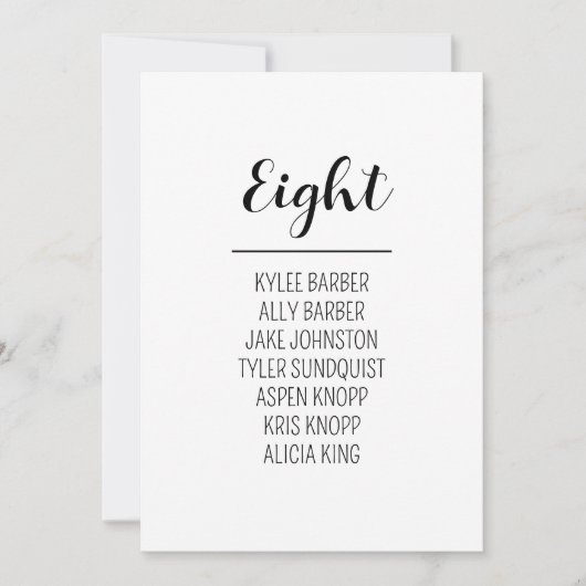 ミニマリストのテーブル番号8座席表 招待状 (正面)