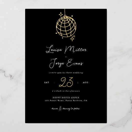 ミニマリストのディスコボール印刷またはデジ結婚タル 箔招待状 (正面)