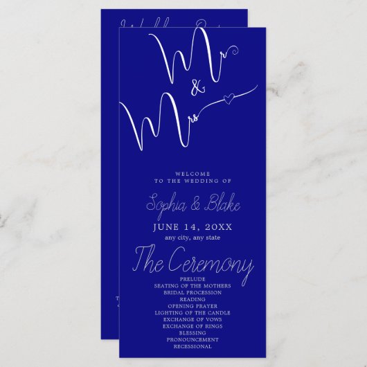 ミニマリストのネイビーブルー結婚式 プログラム (正面/裏面)