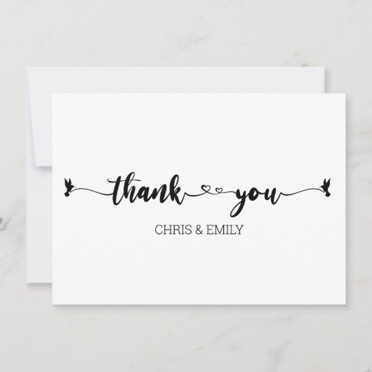 ミニマリストのハートと鳥の書道ありがとう サンキューカード (正面)