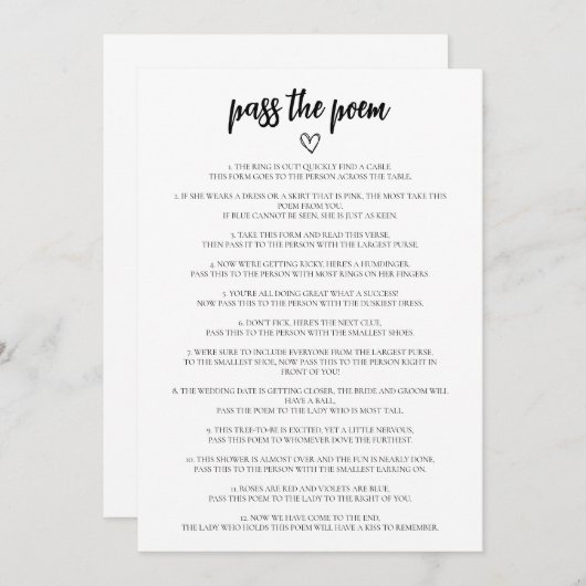 ミニマリストのパス詩のブライダルシャワーゲームカード 招待状 (正面/裏面)