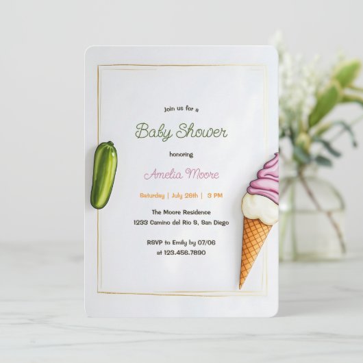 ミニマリストのピクルスとアイスクリームのベビーシャワー 招待状 (スタンド正面)