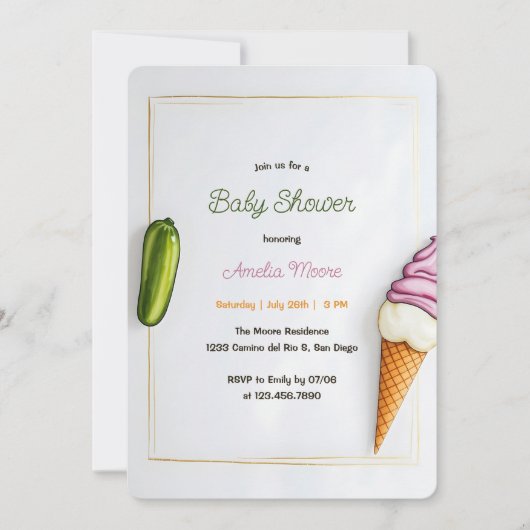 ミニマリストのピクルスとアイスクリームのベビーシャワー 招待状 (正面)