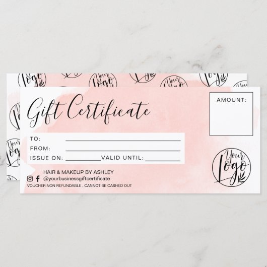 ミニマリストのピンクの水の色のギフト証明書のロゴ (正面/裏面)