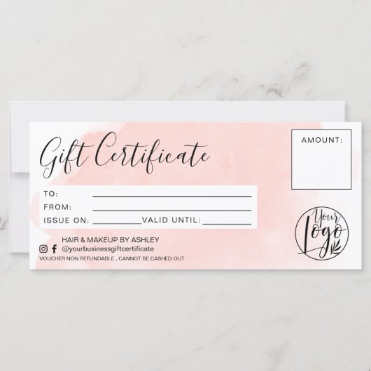 ミニマリストのピンクの水の色のギフト証明書のロゴ (正面)
