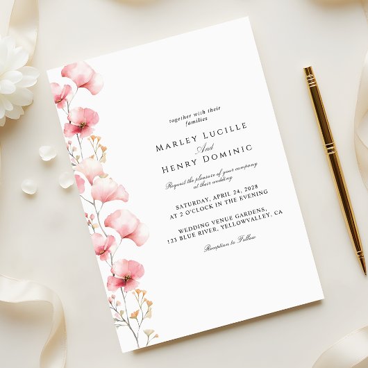 ミニマリストのピンクの花 春の結婚式 招待状
