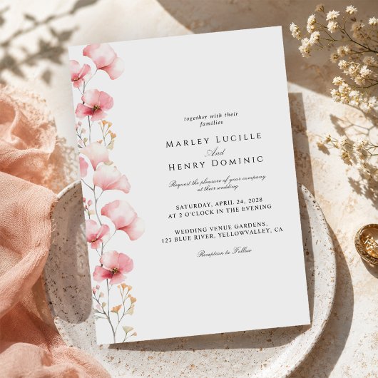 ミニマリストのピンクの花 春の結婚式 招待状
