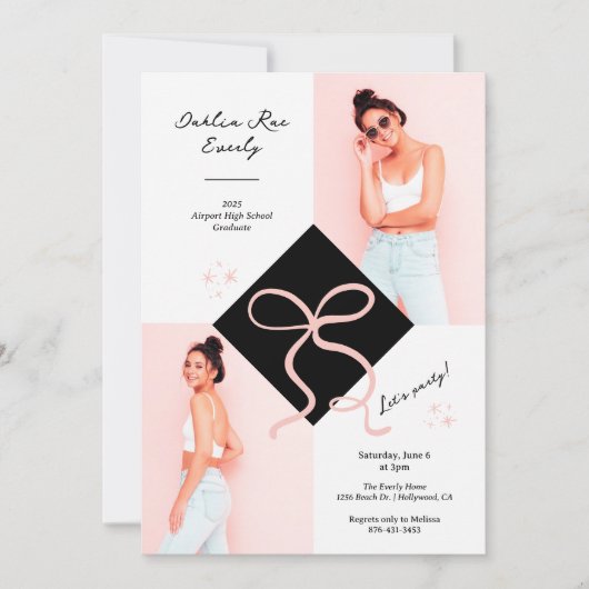 ミニマリストのピンクキャップとボウの卒業写真 招待状 (正面)
