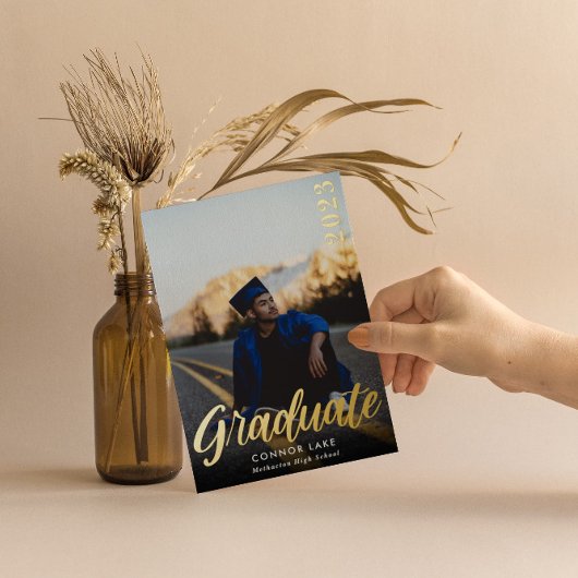 ミニマリストのフォイル写真垂直方向の卒業招待状 箔シーズンカード