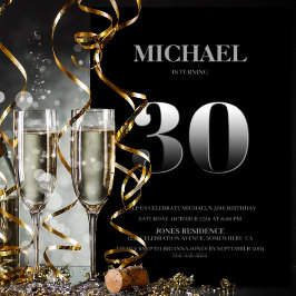 ミニマリストのブラックとシルバー30th誕生日パーティー 招待状