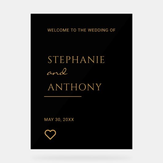ミニマリストのブラックと金ゴールドモダンハート結婚の アクリルサイン (正面)