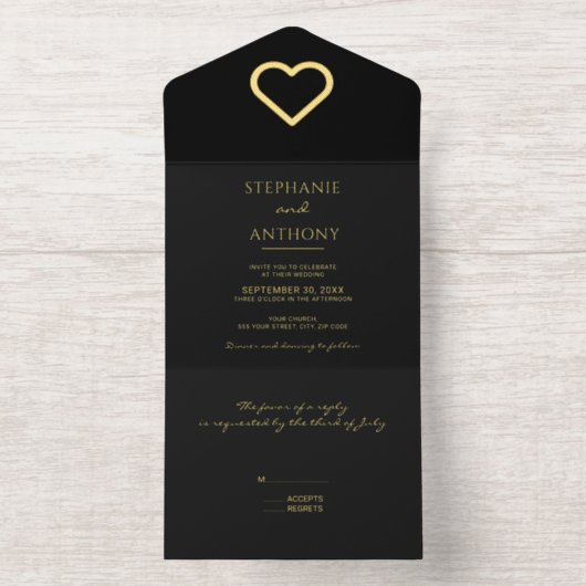 ミニマリストのブラックと金ゴールドモダンハート結婚の オールインワン招待状 (内側)