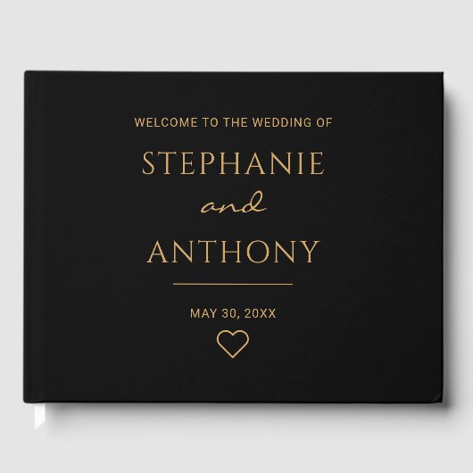 ミニマリストのブラックと金ゴールドモダンハート結婚の ゲストブック (正面)