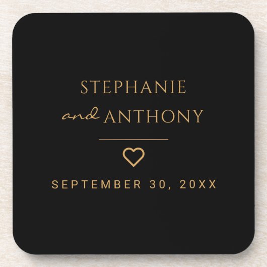 ミニマリストのブラックと金ゴールドモダンハート結婚の コースター (正面)