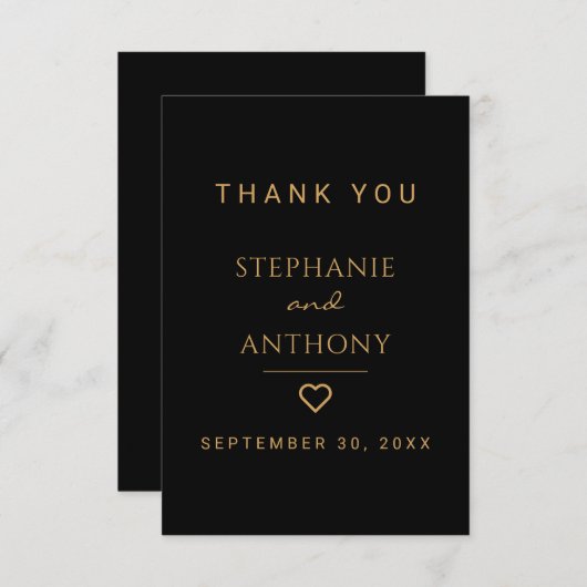 ミニマリストのブラックと金ゴールドモダンハート結婚の サンキューカード (正面/裏面)