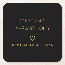 ミニマリストのブラックと金ゴールドモダンハート結婚の スクエアペーパーコースター