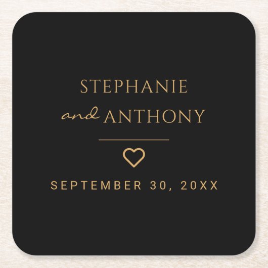 ミニマリストのブラックと金ゴールドモダンハート結婚の スクエアペーパーコースター (正面)