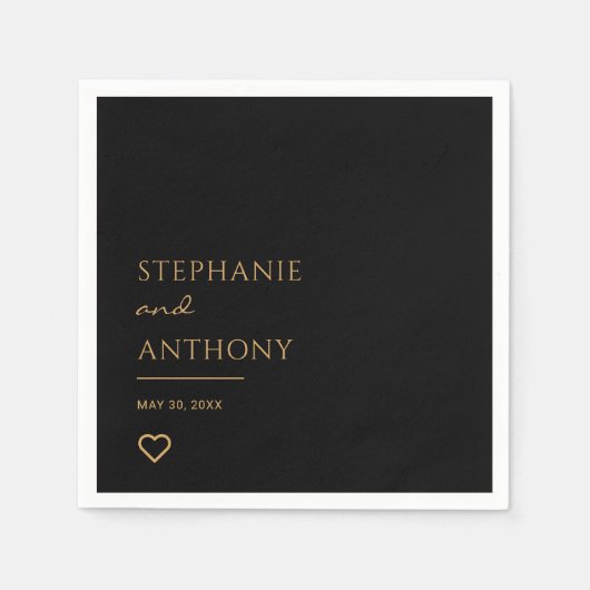 ミニマリストのブラックと金ゴールドモダンハート結婚の スタンダードカクテルナプキン (正面)