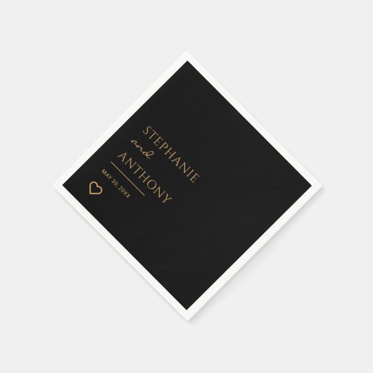 ミニマリストのブラックと金ゴールドモダンハート結婚の スタンダードカクテルナプキン (角)