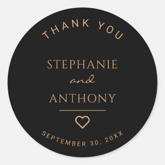 ミニマリストのブラックと金ゴールドモダンハート結婚の ラウンドシール (正面)