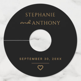 ミニマリストのブラックと金ゴールドモダンハート結婚の ワイングラスタグ