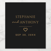 ミニマリストのブラックと金ゴールドモダンハート結婚の ワインラベル (シングルラベル)