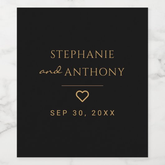 ミニマリストのブラックと金ゴールドモダンハート結婚の ワインラベル (シングルラベル)